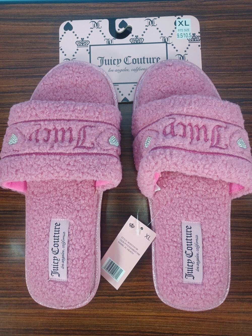 Juicy Couture Slippers Pink Fuzzy Preppy Rhinestone Hearts New Sleepwear Beauty